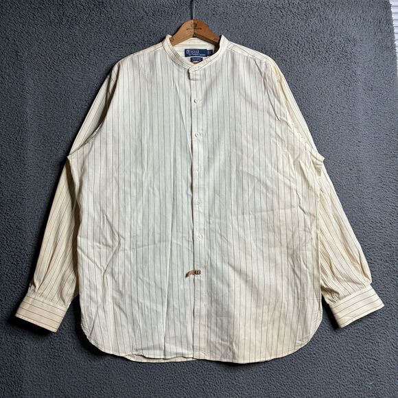 Vintage Polo Ralph Lauren Bernard Men's Large Ivory Striped Banded Collar Shirt - Picture 3 of 13